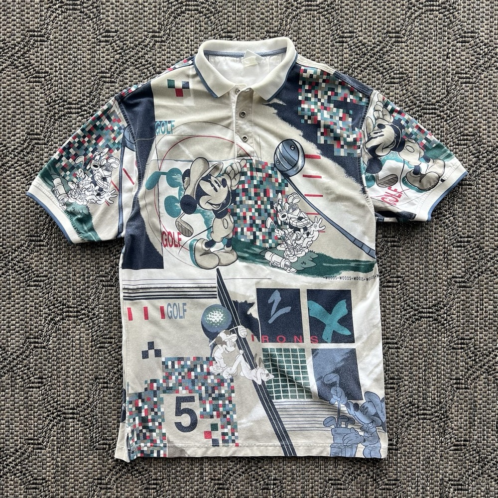 Vintage Disney Shirt Men's Large Mickey Mouse Polo Golf All Over Print 90s